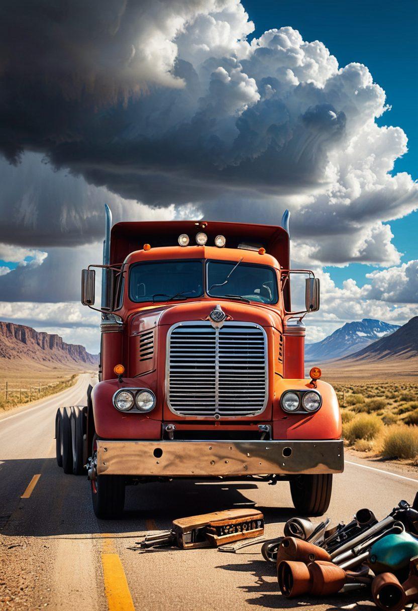 A dynamic scene featuring a vintage truck with a gleaming gearshift prominently displayed, set against a backdrop of open highways and rugged landscapes. The truck is surrounded by tools and gear used in trucking, symbolizing growth and success in the industry. The sky is filled with dramatic clouds, hinting at a journey filled with challenges and triumphs. subtext of 'Trucking Success' incorporated artistically in the foreground. super-realistic. vibrant colors. 3D.
