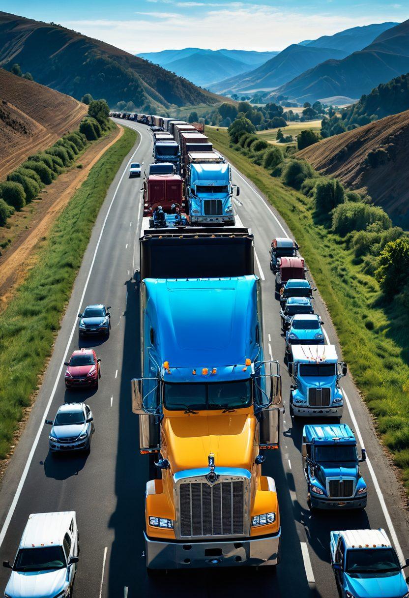 A vibrant depiction of diverse long-haul truck drivers gathered around a massive semi-truck, sharing stories and resources under a bright blue sky. In the background, rolling hills and open highways symbolize freedom and adventure. Incorporate elements of community support, like hands joined together in unity, along with icons representing resources like online forums and wellness programs. The scene should evoke a sense of empowerment and camaraderie among truckers. super-realistic. bright colors. dynamic composition.