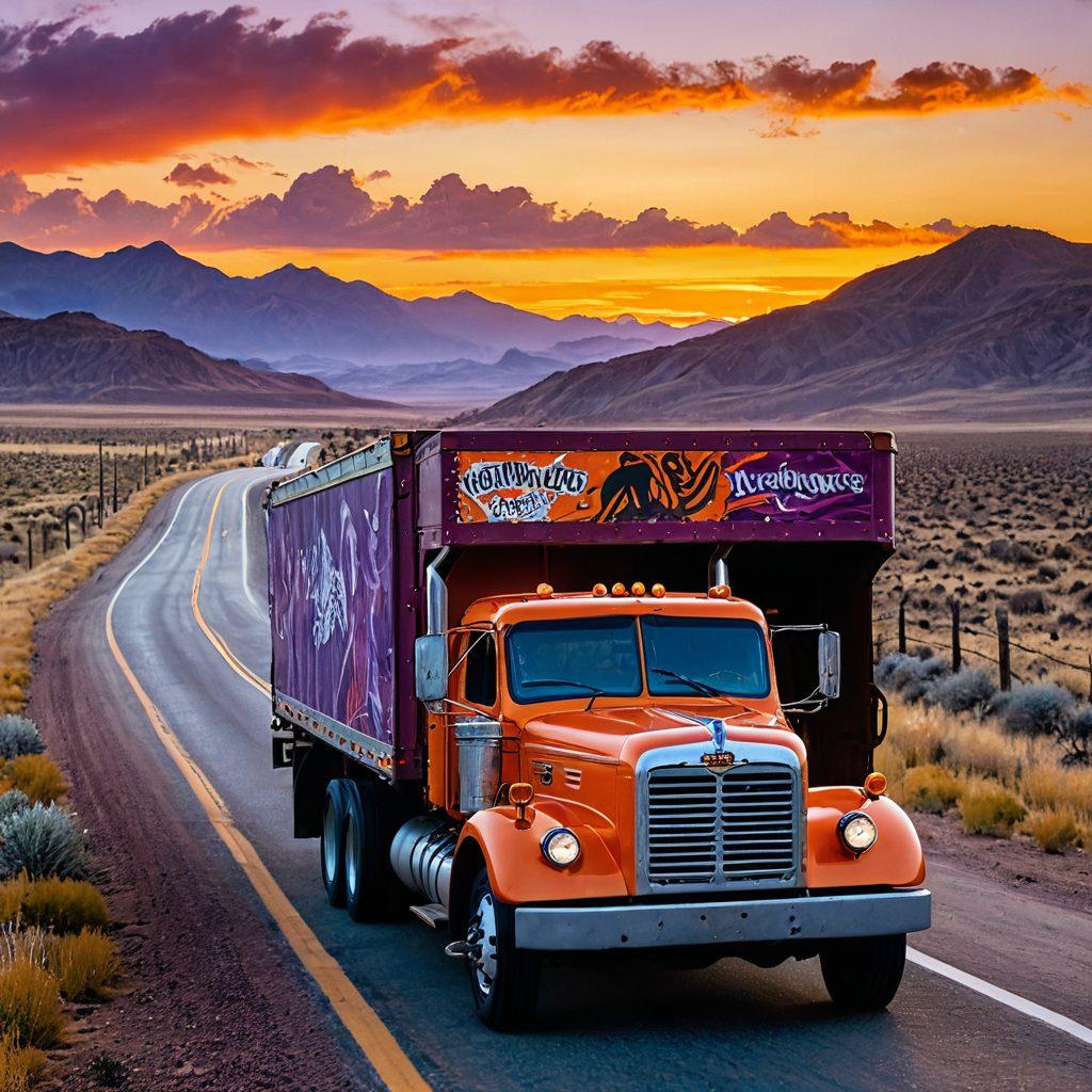 A rugged trucker driving a powerful, vintage truck on a winding open road surrounded by sprawling landscapes under a vibrant sunset. Include elements like a map spread out on the dashboard, and roadside signs indicating resources for truckers. The truck has a rebellious flair with graffiti art. Create a sense of adventure and freedom. super-realistic. vibrant sunset colors. cinematic.